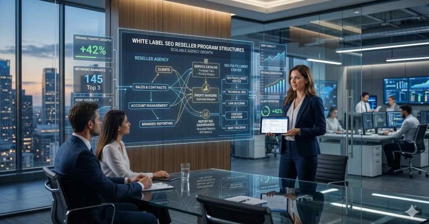 Business professionals attend a strategy meeting in a modern office, where a presenter explains a white label SEO reseller program using a digital dashboard. Interactive screens display traffic growth, keyword rankings, visibility metrics, client workflows, and reporting systems. Team members review performance data while analysts work in the background.
