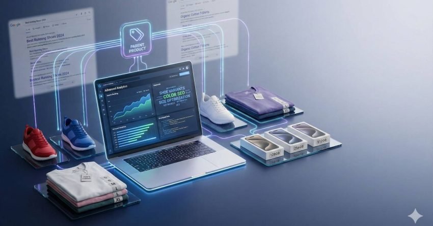 A futuristic ecommerce scene shows a laptop with analytics dashboards linking a parent product to shoe and clothing variants, glowing SEO connections, Google search results in the background, stacked apparel, sneakers, and price-tagged boxes, illustrating product variation optimization and data-driven retail strategy.