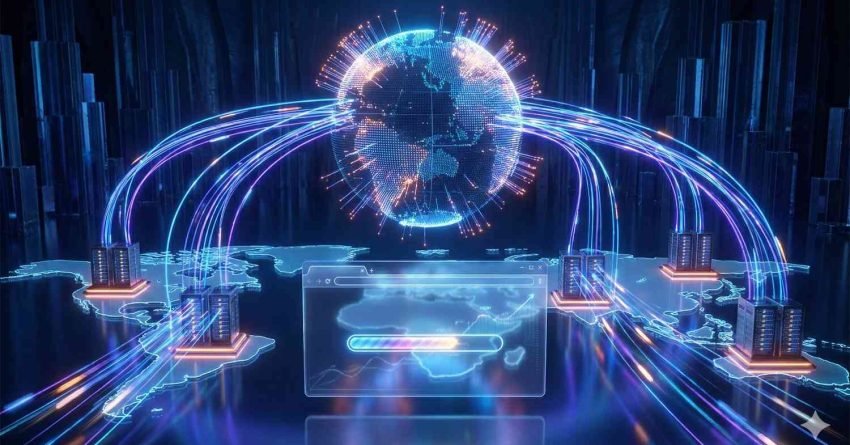Futuristic digital illustration of a glowing globe hovering above a world map, with neon data streams connecting multiple server buildings across continents. A progress bar window appears in the foreground, symbolizing global data transfer, cloud computing, or international network infrastructure.