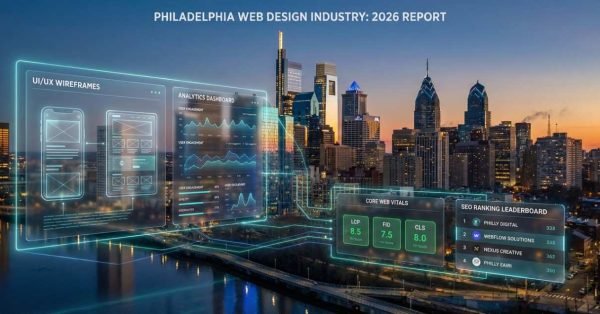 Philadelphia skyline at sunset with glowing holographic overlays labeled “Philadelphia Web Design Industry: 2026 Report,” showing UI/UX wireframes, analytics dashboards, core web vitals scores, and an SEO ranking leaderboard floating above the river and skyscrapers, suggesting data-driven market analysis and digital performance insights.