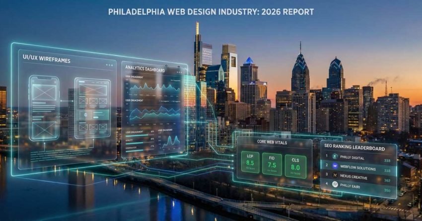 Philadelphia skyline at sunset with glowing holographic overlays labeled “Philadelphia Web Design Industry: 2026 Report,” showing UI/UX wireframes, analytics dashboards, core web vitals scores, and an SEO ranking leaderboard floating above the river and skyscrapers, suggesting data-driven market analysis and digital performance insights.