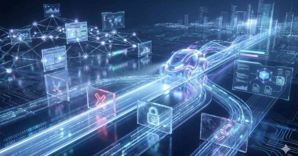 Futuristic visualization of automated web crawling and data flow, showing a glowing autonomous vehicle navigating digital pathways with connected dashboards, code panels, security icons, and error symbols, representing fast indexing, data processing, and optimization across a complex networked system.