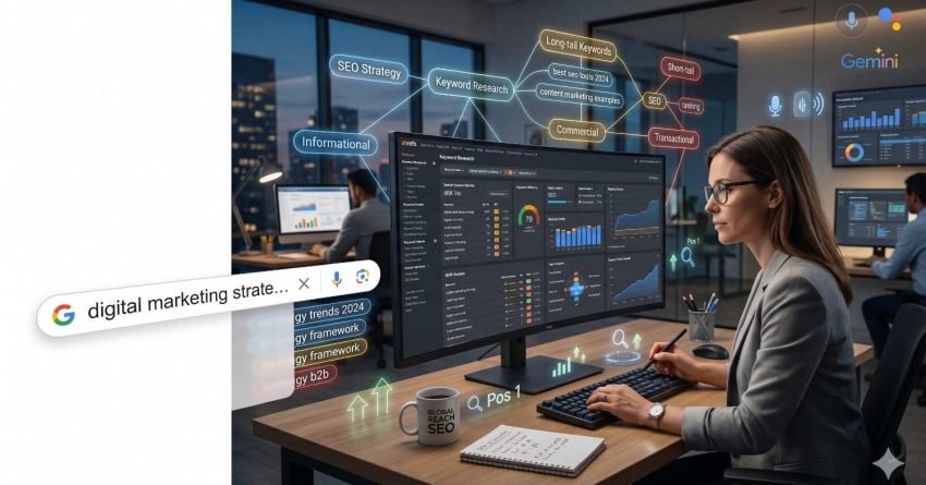 SEO professional conducting keyword research and digital marketing analysis at a workstation. Multiple dashboards display search rankings, traffic trends, keyword performance, and SEO metrics. Visual overlays illustrate search intent, long-tail keywords, and content strategy. Team members work in the background, highlighting data-driven optimization, search visibility, and online growth.