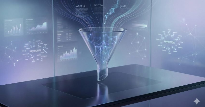 Futuristic illustration of a digital content funnel, with data streams labeled keywords, guides, and how-to queries flowing into a transparent funnel, symbolizing content strategy, keyword research, and SEO-driven information filtering that transforms search data into structured insights and growth opportunities.