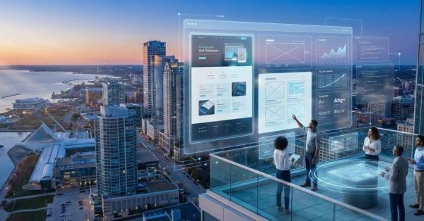 A group of professionals stands on a high-rise balcony at sunset, reviewing large transparent holographic dashboards showing website layouts, analytics charts, and performance data over a modern city skyline and waterfront, suggesting digital strategy planning, UX design, and tech-driven business collaboration.