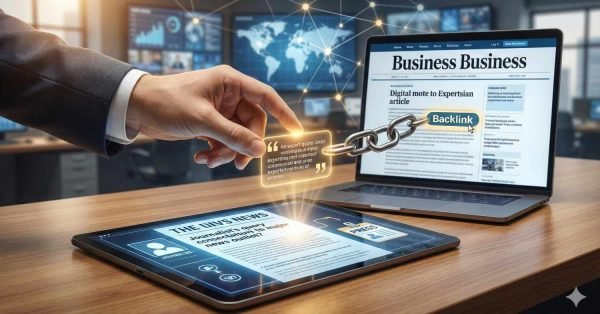 Business-themed scene showing a hand connecting a glowing quote box between a tablet news article and a laptop displaying a “Business” website. A chain labeled “Backlink” links the devices, symbolizing digital PR and SEO. Background screens display analytics and a world map network.