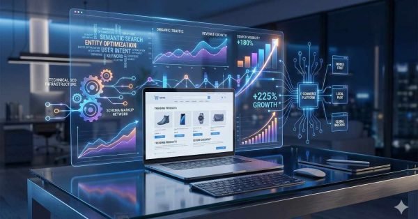 Laptop on a desk displaying an ecommerce dashboard with holographic SEO panels showing organic traffic, revenue growth, semantic search, schema markup, entity optimization, technical SEO, and rising performance charts in a futuristic office setting.