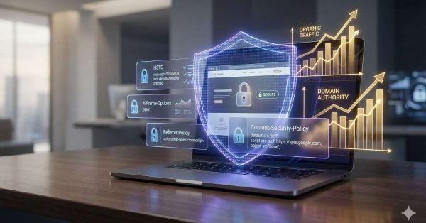 Laptop on a desk displaying a secure website interface with a glowing shield overlay. Security headers like HSTS, X-Frame-Options, Referrer-Policy, and Content-Security-Policy appear alongside rising charts for organic traffic and domain authority, symbolizing website security boosting SEO performance and growth.