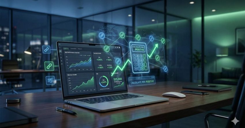 A laptop on a modern office desk displays SEO performance dashboards with rising traffic and revenue charts. Floating holographic icons of backlinks and a calculator show positive ROI, while a glowing upward arrow and network connections symbolize link-building success and business growth.