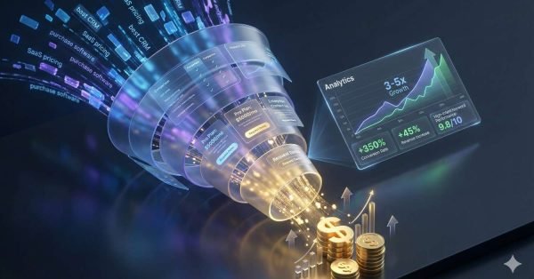 A futuristic visualization of a digital marketing funnel transforming SaaS keywords and pricing data into revenue. Analytics dashboards show 3–5x growth, rising conversion rates, and ROI, while glowing data streams flow into stacked coins and upward arrows symbolizing monetization and business growth.
