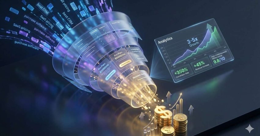 A futuristic visualization of a digital marketing funnel transforming SaaS keywords and pricing data into revenue. Analytics dashboards show 3–5x growth, rising conversion rates, and ROI, while glowing data streams flow into stacked coins and upward arrows symbolizing monetization and business growth.