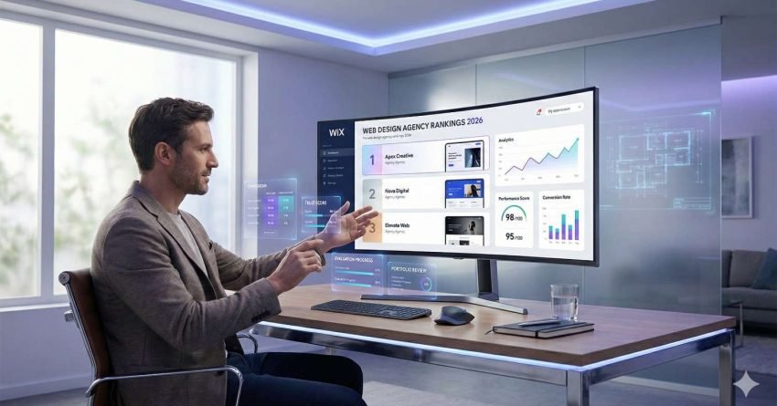 A man sits at a modern desk in a bright office, gesturing toward a large monitor showing “Web Design Agency Rankings 2026,” with charts, analytics dashboards, and performance scores on screen, surrounded by subtle holographic UI elements, a keyboard, notebook, and glass of water.