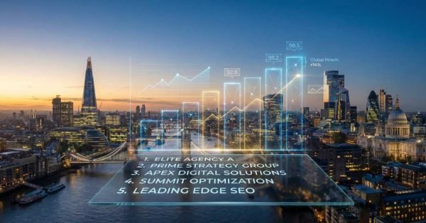 Aerial view of London’s skyline at sunset with digital overlays showing rising performance charts, global reach metrics, and a top-five SEO agency ranking panel hovering above the cityscape.