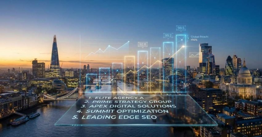 Aerial view of London’s skyline at sunset with digital overlays showing rising performance charts, global reach metrics, and a top-five SEO agency ranking panel hovering above the cityscape.