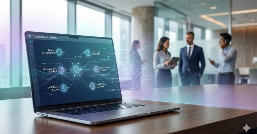 Laptop on a conference table displays an outreach automation dashboard with AI-driven flows, email sequences, LinkedIn connections, triggers, and analytics, while business professionals talk in a modern glass office background, suggesting marketing automation and team collaboration.