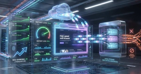 Futuristic dashboard showing website performance optimization with real-time metrics, Core Web Vitals, instant load speed, SEO ranking trends, and cached resources. A cloud and local storage servers stream data to a high-speed web browser interface, illustrating improved performance and reduced legacy network lag.