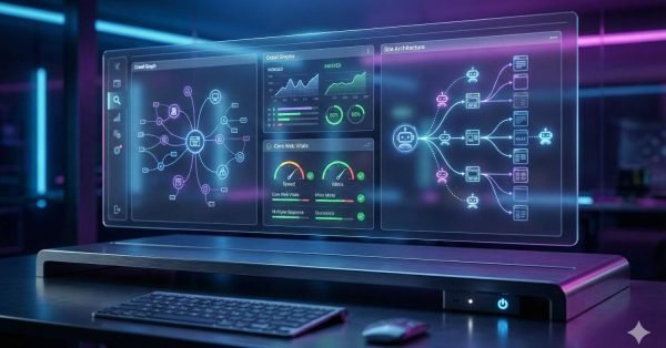 A futuristic desktop monitor displays SEO dashboards with crawl graphs, site architecture diagrams, Core Web Vitals gauges, indexed page metrics, and interconnected nodes in a neon-lit workspace, representing technical SEO analysis and website optimization.