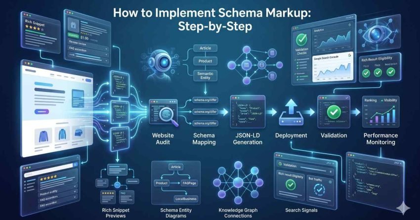 Step-by-step schema markup implementation infographic showing website audit, schema mapping, JSON-LD generation, deployment, validation, rich snippets, knowledge graph connections, and performance monitoring. Visual guide to structured data SEO, improving search visibility, rich results eligibility, organic traffic, and search engine rankings.