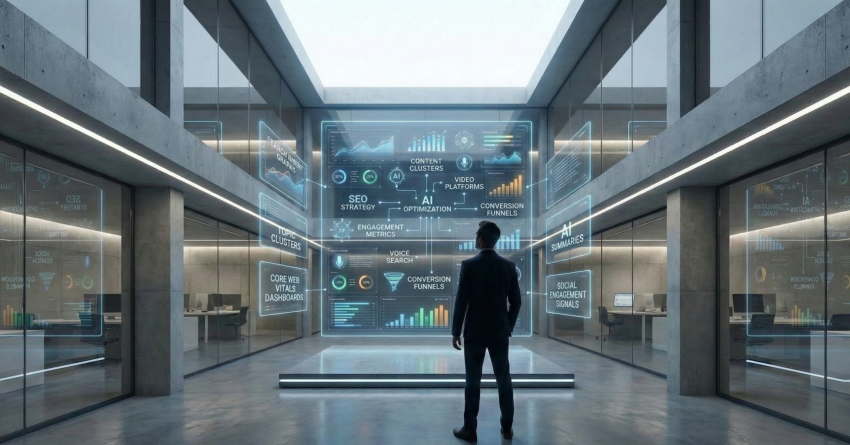 A professional stands in a futuristic office atrium facing a large transparent digital wall displaying SEO strategy dashboards, content clusters, AI optimization, and conversion funnels. The high-tech environment symbolizes advanced, data-driven digital marketing strategy and enterprise-level SEO planning.