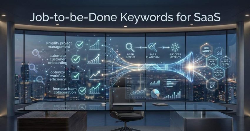 A futuristic office scene showing a holographic dashboard titled “Job-to-be-Done Keywords for SaaS.” Visuals map user intent to SaaS platforms, success metrics, and ROI, with analytics charts and checklists illustrating workflow improvements, automation, collaboration, and measurable business growth.