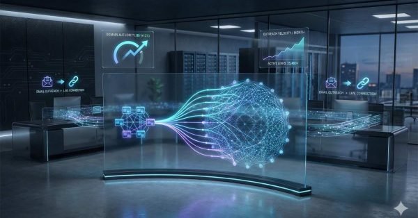 Futuristic office scene with a transparent digital wall displaying network visualizations, rising outreach velocity and domain authority charts, email-to-link connections, and glowing data flows, suggesting advanced SEO outreach automation and backlink growth monitoring in a modern analytics control room.