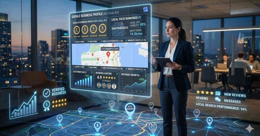 Digital marketing specialist analyzing Google Business Profile performance dashboard with local SEO rankings, customer reviews, map visibility, and business growth metrics. Visualization highlights local search optimization, reputation management, Google Maps traffic, and lead generation strategies for improved local business visibility and revenue growth.