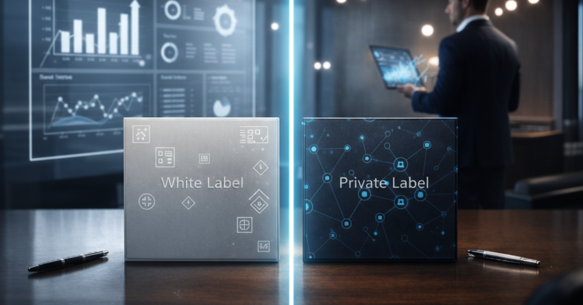 Split-screen comparison of white label and private label SEO solutions on a desk, with analytics dashboards and performance charts in the background, illustrating different SEO delivery models, data-driven decision-making, and scalable search engine optimization strategies.