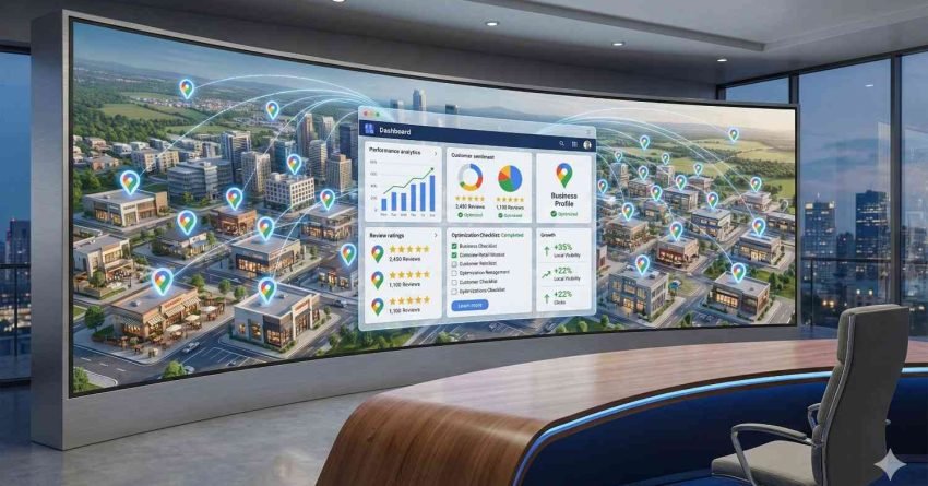 Wide office display showing a city map filled with location pins and a central analytics dashboard tracking reviews, rankings, and growth metrics, illustrating local SEO performance monitoring across multiple businesses in an urban area.