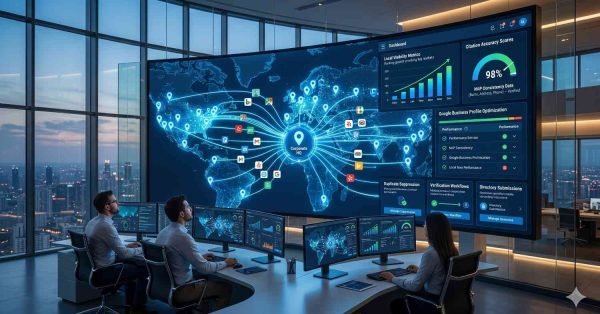 Enterprise local SEO dashboard displaying citation management, Google Business Profile optimization, NAP consistency monitoring, duplicate listing suppression, and global business location data to improve local search rankings, online visibility, citation accuracy, and multi-location SEO performance