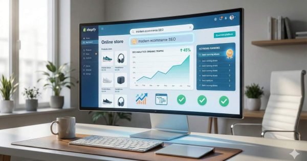 Desktop monitor in a bright office showing a Shopify-style ecommerce dashboard with organic traffic growth, keyword rankings, product listings, SEO indicators, and upward graphs, on a tidy desk with coffee cup, keyboard, tablet, and plants nearby.