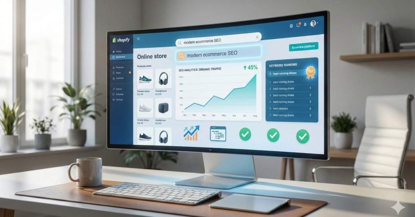 Desktop monitor in a bright office showing a Shopify-style ecommerce dashboard with organic traffic growth, keyword rankings, product listings, SEO indicators, and upward graphs, on a tidy desk with coffee cup, keyboard, tablet, and plants nearby.