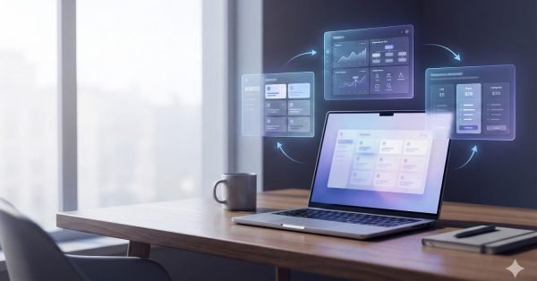 Modern workspace with a laptop on a wooden desk displaying a SaaS dashboard. Floating holographic interface panels show analytics, performance charts, and modular tools syncing around the screen, representing integrated workflows, data visualization, and productivity in a clean, minimal office environment