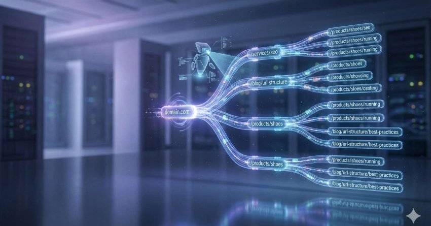 A futuristic visualization in a server room shows glowing data streams branching from “domain.com” into structured URLs like product and blog pages, illustrating website architecture, SEO site mapping, and optimized URL hierarchy with holographic lines and labels floating in midair.