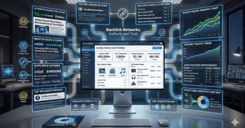Backlink network visualization displaying how authority, trust, and search rankings grow through strategic link-building efforts. Dashboards highlight influencer reviews, industry publications, resource page citations, organic traffic trends, keyword performance, domain authority, and revenue growth. Connected data flows illustrate outreach campaigns, partnerships, content promotion, and sustainable SEO performance improvements.