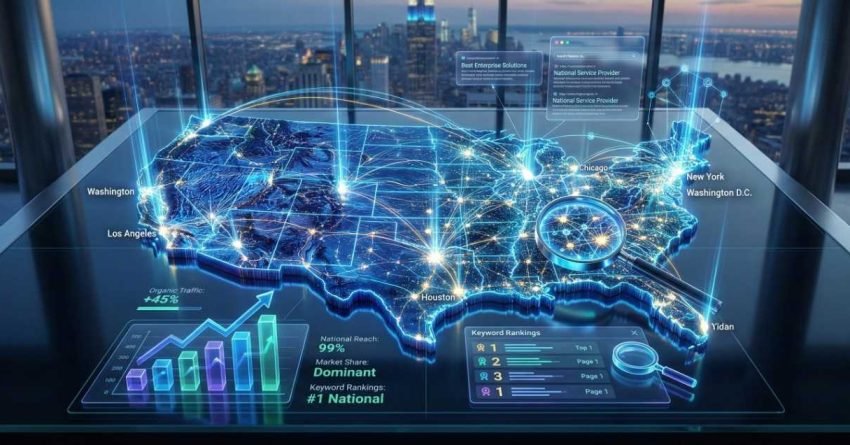 Futuristic SEO dashboard displaying a glowing U.S. map with connected city nodes, rising analytics charts, keyword rankings, and national reach metrics, set inside a high-rise office overlooking a city skyline at dusk.