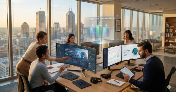A diverse team collaborates in a modern high-rise office with floor-to-ceiling windows overlooking a city skyline, reviewing analytics dashboards and web design mockups on large curved monitors, while a floating holographic chart titled “Top Web Design Companies 2026” appears above the desks.
