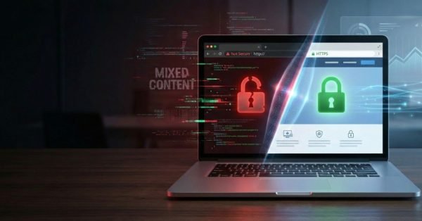 Laptop on a desk displaying a split screen: left shows “Not Secure” HTTP with a red unlocked padlock and mixed content warnings; right shows HTTPS with a green locked padlock and security icons. Visual contrast highlights the difference between insecure and secure website connections.