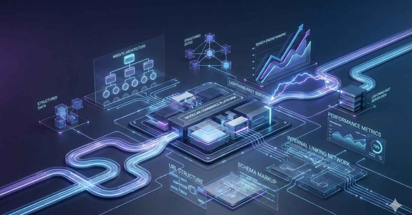 Futuristic technical SEO illustration showing a glowing modular ecommerce platform with flowing data lines, labeled elements like URL structure, schema markup, internal linking, website architecture, performance metrics, structured data, server speed, and rising search ranking graphs.