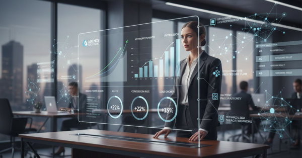 Business professional reviewing a transparent SEO analytics dashboard in a modern office, displaying keyword rankings, lead growth, conversion rates, and performance metrics, symbolizing professional SEO services, data-driven strategy, and measurable organic growth for businesses.