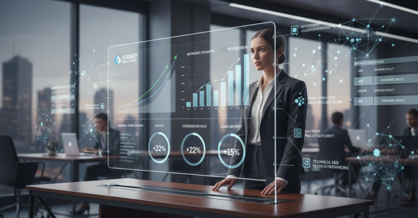Business professional reviewing a transparent SEO analytics dashboard in a modern office, displaying keyword rankings, lead growth, conversion rates, and performance metrics, symbolizing professional SEO services, data-driven strategy, and measurable organic growth for businesses.