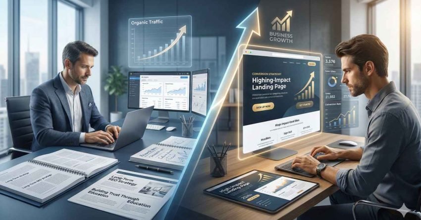 Split-screen office scene showing two professionals working on laptops, with floating analytics dashboards, organic traffic charts, landing page metrics, and glowing upward arrows symbolizing business growth, SEO performance, and conversion optimization in a modern corporate workspace.