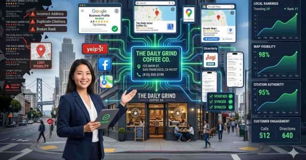 Local SEO expert managing Google Business Profile optimization for a coffee shop in San Francisco, improving local search rankings, map visibility, citation consistency, customer engagement, and online directory listings to increase local business visibility and attract more customers