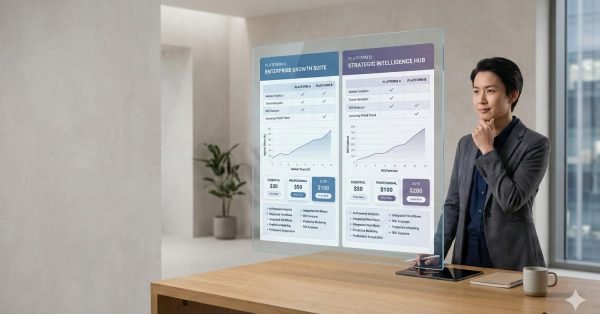 A professional woman stands at a modern desk, interacting with a transparent holographic display showing SaaS pricing plans, analytics charts, and growth metrics. The minimalist office setting and digital dashboard convey enterprise software strategy, data-driven decision-making, and business intelligence insights.