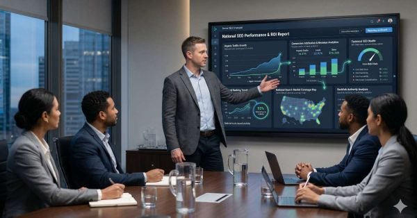 SEO team meeting focused on national search performance and return on investment analysis. A presenter reviews dashboards displaying organic traffic growth, conversion attribution, technical SEO health, backlink authority, search visibility, and market coverage. Colleagues examine performance metrics and strategy outcomes, highlighting data-driven decision-making, optimization efforts, and measurable business growth.
