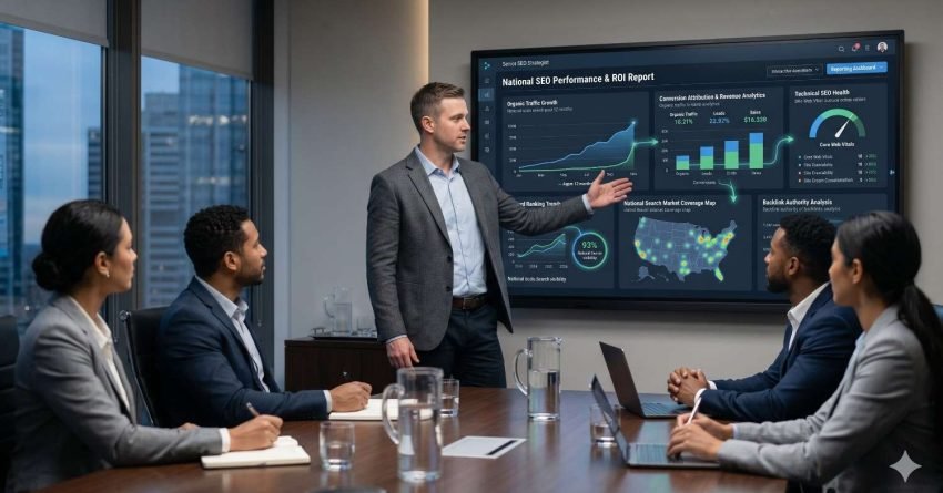 SEO team meeting focused on national search performance and return on investment analysis. A presenter reviews dashboards displaying organic traffic growth, conversion attribution, technical SEO health, backlink authority, search visibility, and market coverage. Colleagues examine performance metrics and strategy outcomes, highlighting data-driven decision-making, optimization efforts, and measurable business growth.