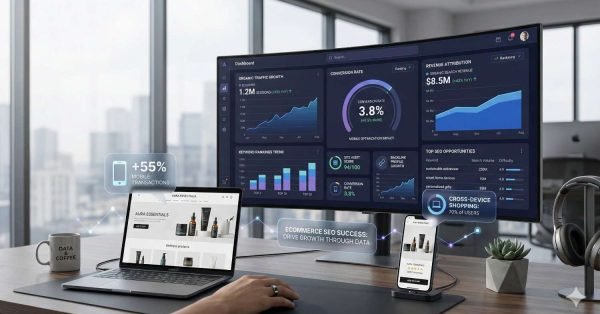 Modern desk with laptop, phone, and widescreen monitor displaying ecommerce SEO dashboards, traffic growth, conversion rates, revenue attribution, keyword trends, and mobile transaction gains, alongside coffee mug, headphones, and plant in a bright office.