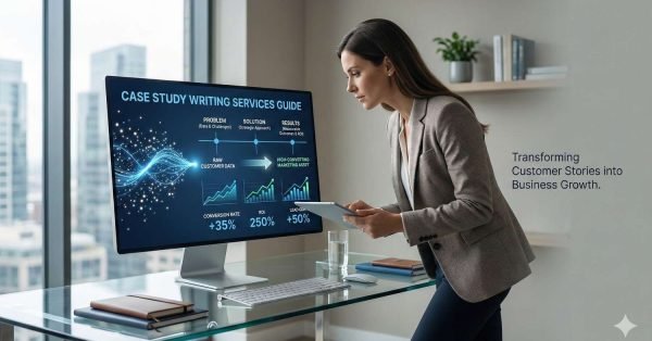 A professional woman stands at a glass desk reviewing a monitor labeled “Case Study Writing Services Guide,” showing problem-solution-results charts and growth metrics, in a bright office with city views and the caption “Transforming Customer Stories into Business Growth.”
