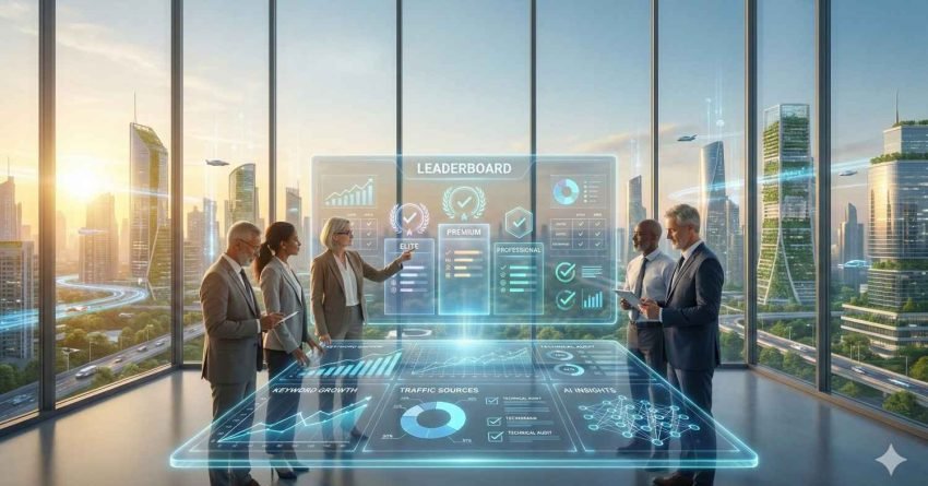 A group of executives stands around a glowing holographic table displaying SEO dashboards and a leaderboard labeled elite, premium, and professional, with traffic charts and AI insights, while a futuristic city skyline shines through tall glass windows at sunrise.