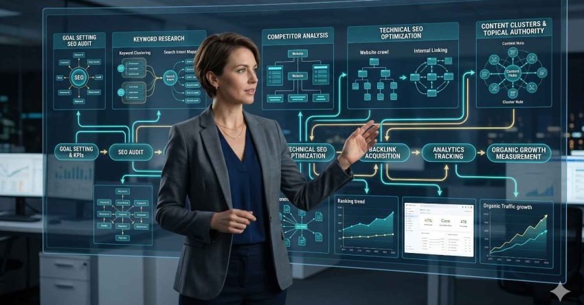 SEO strategist presenting a comprehensive search engine optimization roadmap, including keyword research, technical SEO, competitor analysis, backlink building, content clusters, internal linking, analytics tracking, and organic growth measurement to improve search rankings, website authority, and long-term organic traffic.