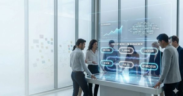 A group of professionals stand around a futuristic digital table in a glass-walled office, viewing holographic dashboards labeled “Content Workflow Management,” with stages like ideation, planning, creation, review, publish, and optimization, plus charts for SEO performance, analytics, and keyword clusters.